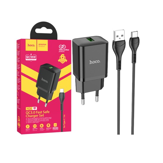 Hoco N26 Maxim Charger PD18W QC3.0 Type-C Cable 1m Black Hoco N26 Maxim Charger PD18W QC3.0 Type-C Cable 1m Black